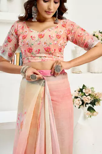 Peach digital printed linen ready to wear designer saree with unstitched blouse
