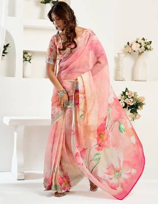 Peach digital printed linen ready to wear designer saree with unstitched blouse 3