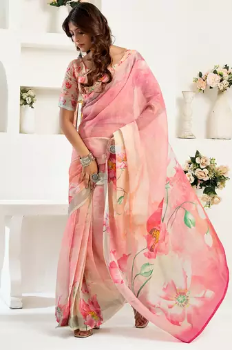 Peach digital printed linen ready to wear designer saree with unstitched blouse