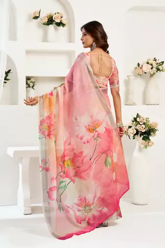 Peach digital printed linen ready to wear designer saree with unstitched blouse