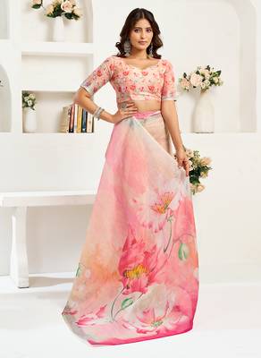 Peach digital printed linen ready to wear designer saree with unstitched blouse 5