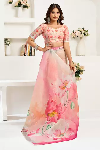 Peach digital printed linen ready to wear designer saree with unstitched blouse
