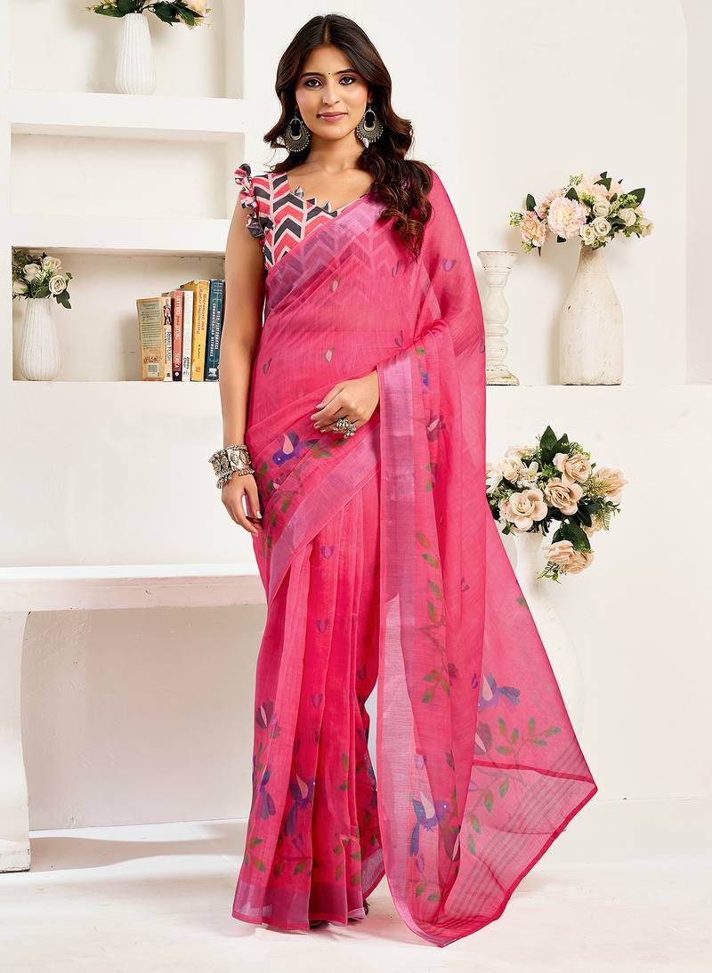 Pink digital printed linen ready to wear designer saree with unstitched blouse