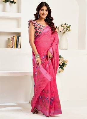 Pink digital printed linen ready to wear designer saree with unstitched blouse 3