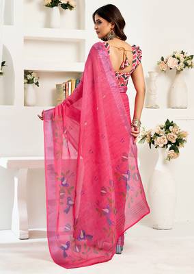 Pink digital printed linen ready to wear designer saree with unstitched blouse 4