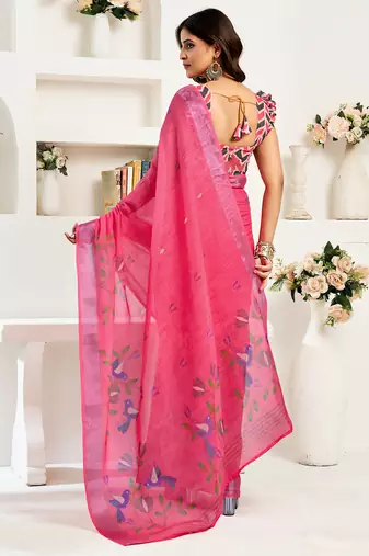 Pink digital printed linen ready to wear designer saree with unstitched blouse