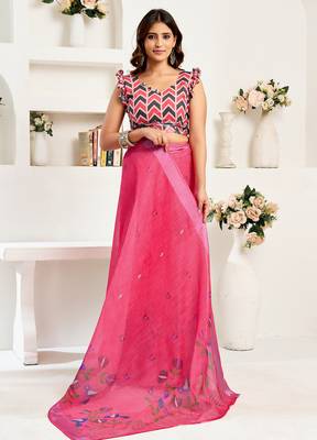 Pink digital printed linen ready to wear designer saree with unstitched blouse 5