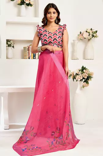Pink digital printed linen ready to wear designer saree with unstitched blouse