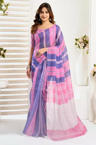 Pink blue digital printed linen ready to wear designer saree with unstitched blouse