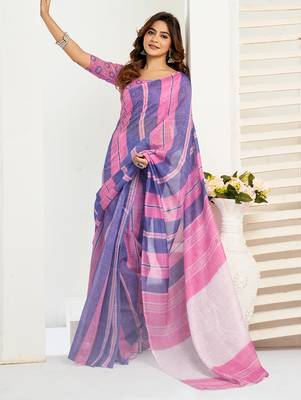 Pink blue digital printed linen ready to wear designer saree with unstitched blouse 3