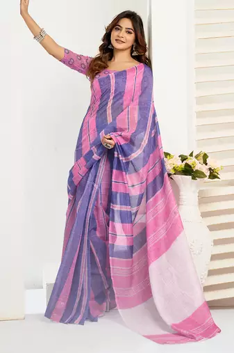Pink blue digital printed linen ready to wear designer saree with unstitched blouse