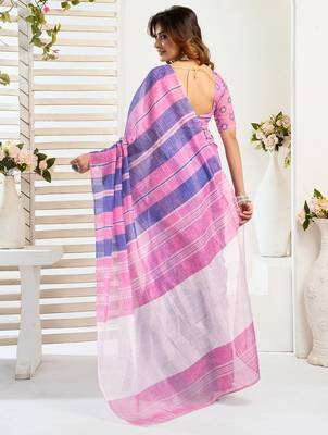 Pink blue digital printed linen ready to wear designer saree with unstitched blouse 4