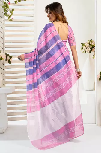 Pink blue digital printed linen ready to wear designer saree with unstitched blouse