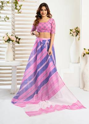 Pink blue digital printed linen ready to wear designer saree with unstitched blouse 5