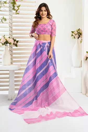 Pink blue digital printed linen ready to wear designer saree with unstitched blouse