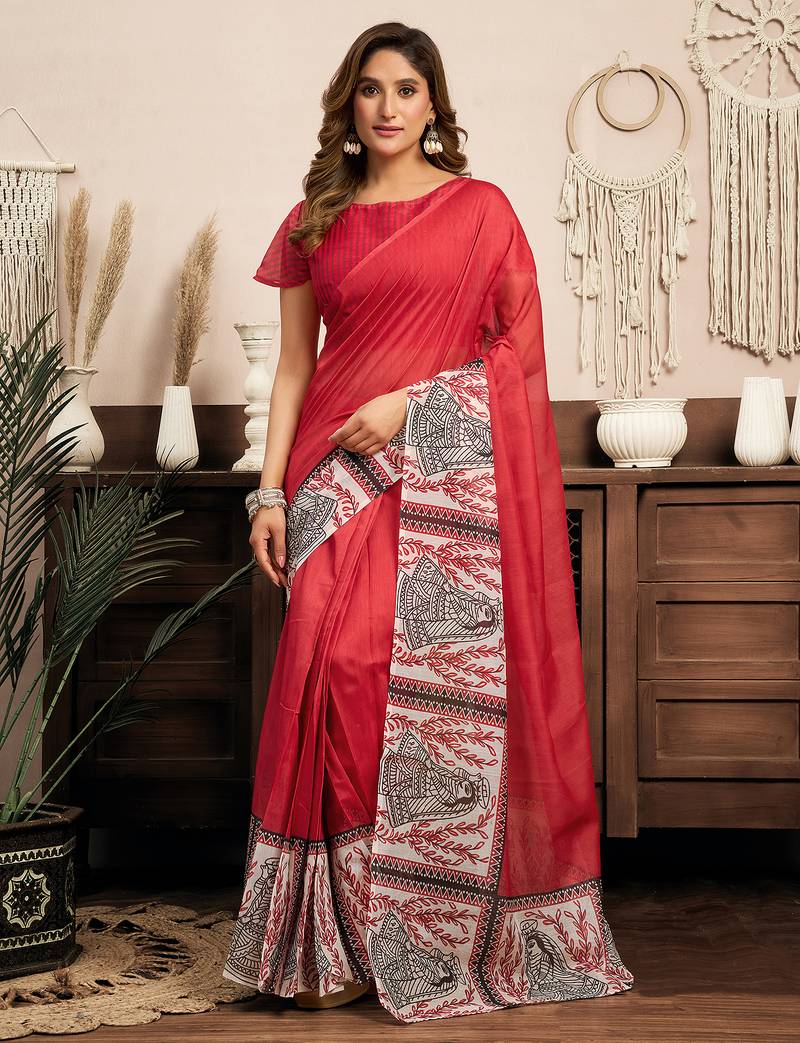 Red digital printed linen ready to wear designer saree with unstitched blouse