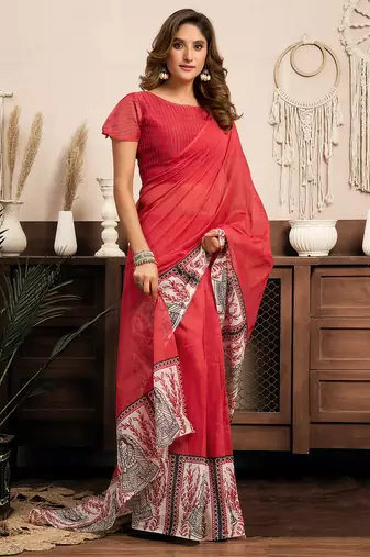 Red digital printed linen ready to wear designer saree with unstitched blouse