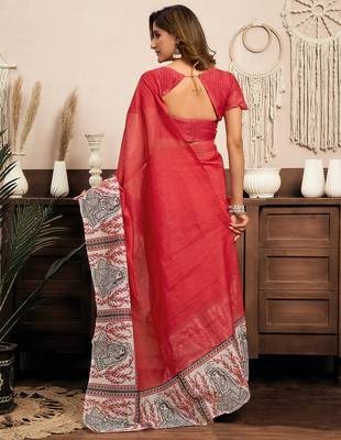 Red digital printed linen ready to wear designer saree with unstitched blouse 4