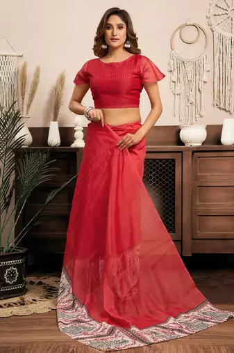 Red digital printed linen ready to wear designer saree with unstitched blouse