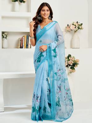 Sky blue digital printed linen ready to wear designer saree with unstitched blouse 1