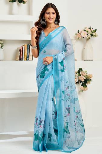 Sky blue digital printed linen ready to wear designer saree with unstitched blouse