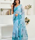 Sky blue digital printed linen ready to wear designer saree with unstitched blouse