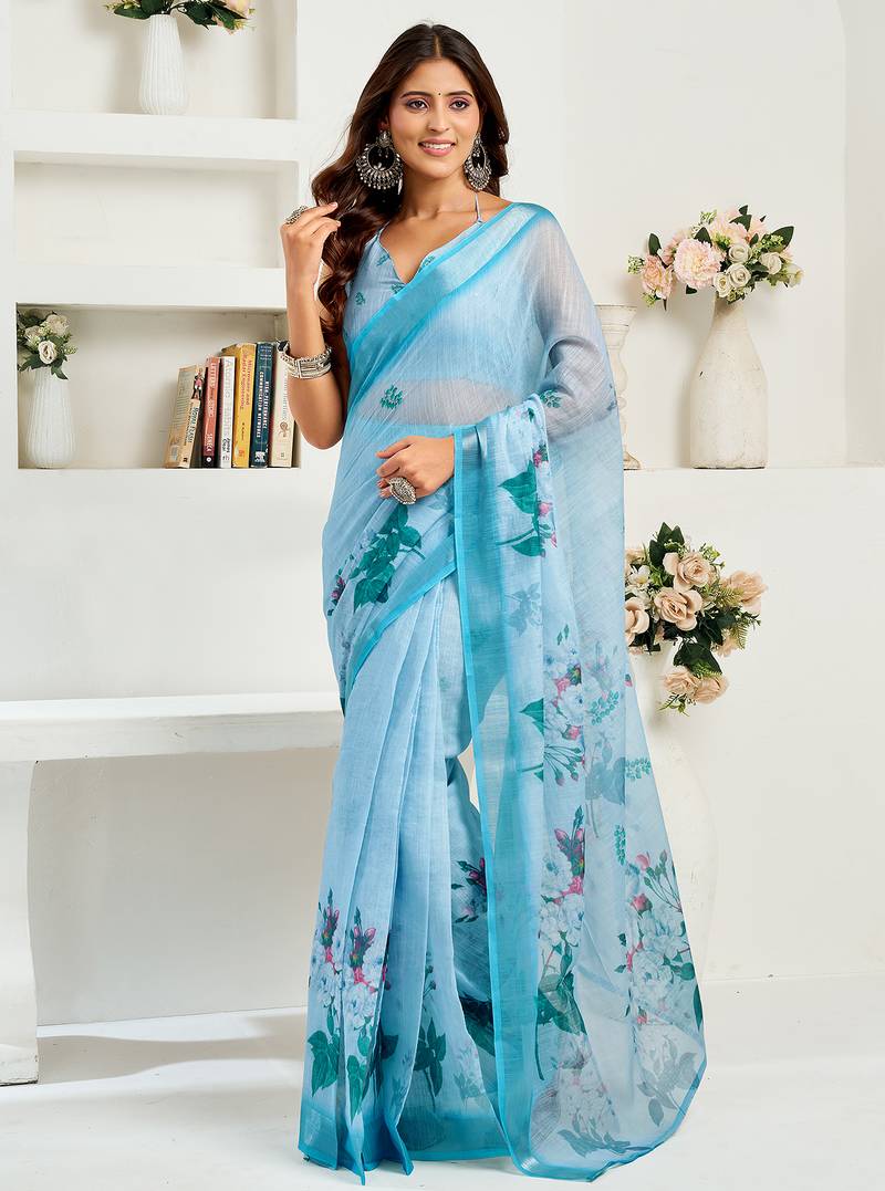 Sky blue digital printed linen ready to wear designer saree with unstitched blouse