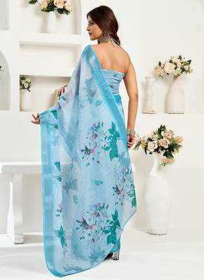 Sky blue digital printed linen ready to wear designer saree with unstitched blouse 4