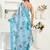 Sky blue digital printed linen ready to wear designer saree with unstitched blouse
