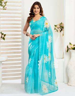 Sea blue digital printed linen ready to wear designer saree with unstitched blouse 1