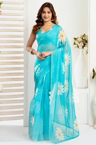 Sea blue digital printed linen ready to wear designer saree with unstitched blouse