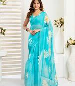 Sea blue digital printed linen ready to wear designer saree with unstitched blouse