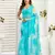 Sea blue digital printed linen ready to wear designer saree with unstitched blouse