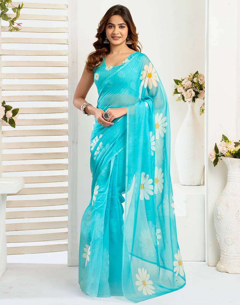 Sea blue digital printed linen ready to wear designer saree with unstitched blouse