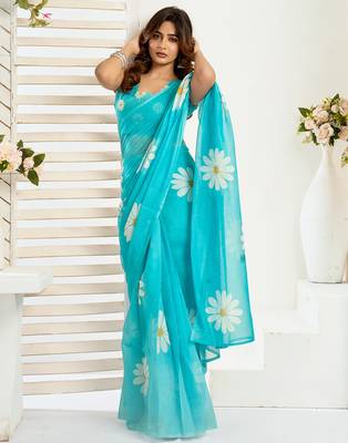 Sea blue digital printed linen ready to wear designer saree with unstitched blouse 3