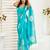 Sea blue digital printed linen ready to wear designer saree with unstitched blouse