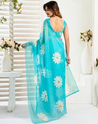 Sea blue digital printed linen ready to wear designer saree with unstitched blouse 4