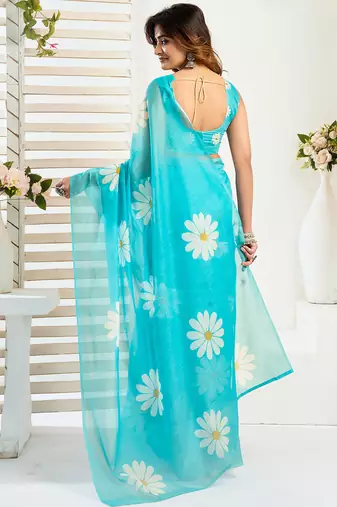 Sea blue digital printed linen ready to wear designer saree with unstitched blouse