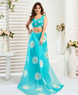 Sea blue digital printed linen ready to wear designer saree with unstitched blouse 5