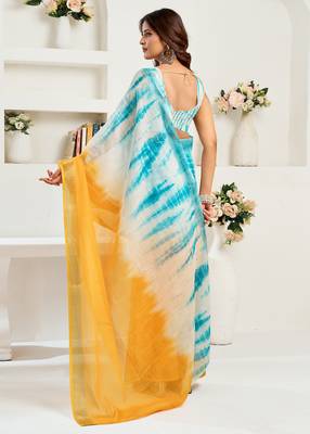 Multi digital printed linen ready to wear designer saree with unstitched blouse 4