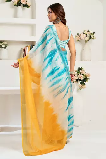 Multi digital printed linen ready to wear designer saree with unstitched blouse