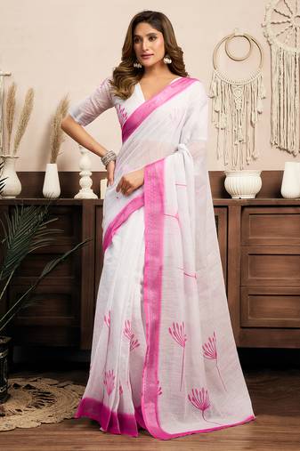 White digital printed linen ready to wear designer saree with unstitched blouse