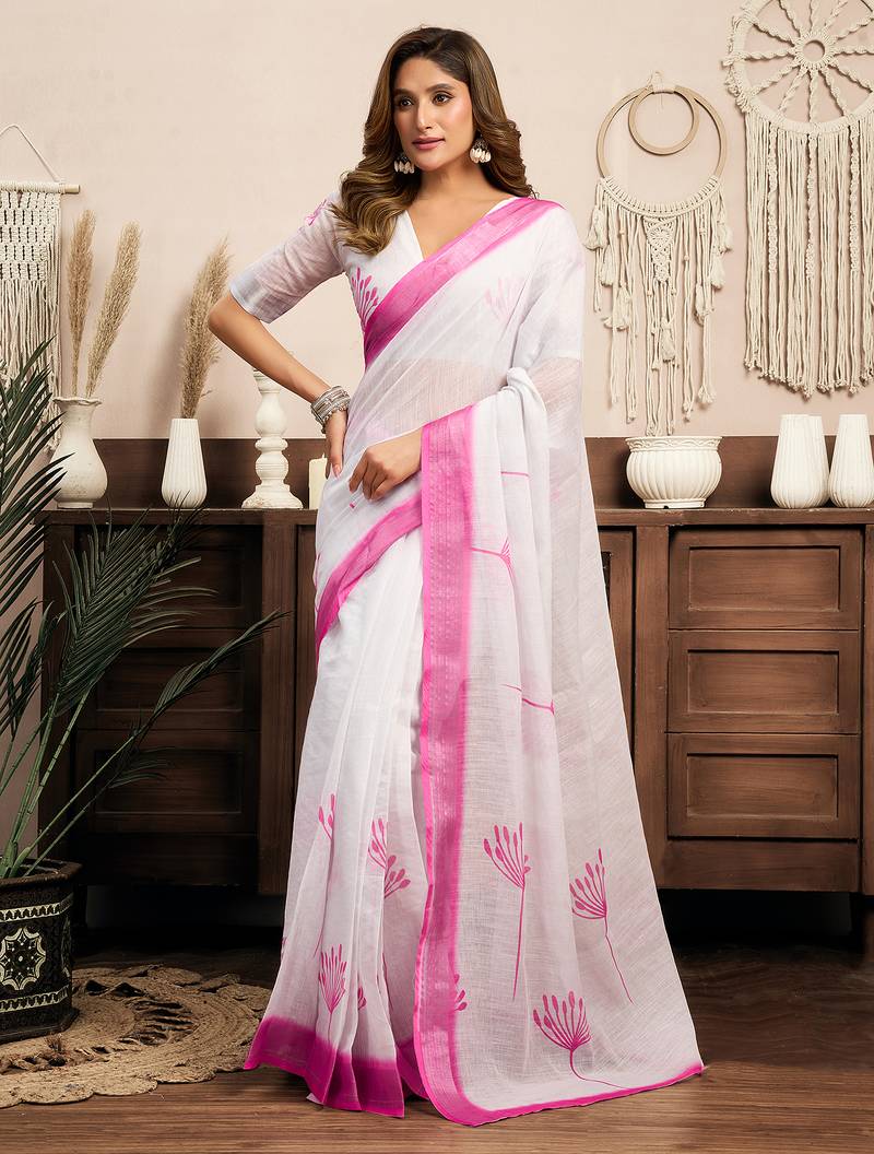 White digital printed linen ready to wear designer saree with unstitched blouse