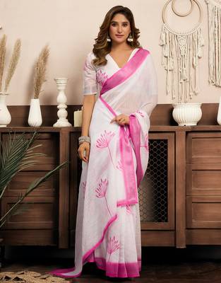 White digital printed linen ready to wear designer saree with unstitched blouse 3