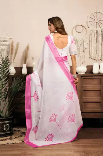 White digital printed linen ready to wear designer saree with unstitched blouse