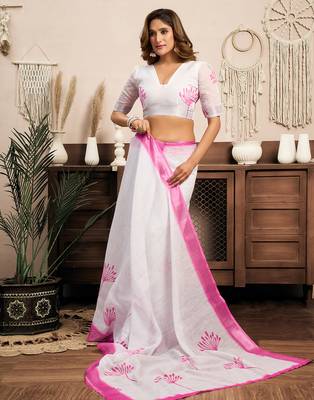 White digital printed linen ready to wear designer saree with unstitched blouse 5