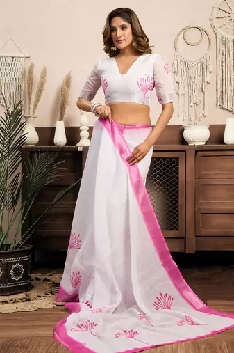 White digital printed linen ready to wear designer saree with unstitched blouse