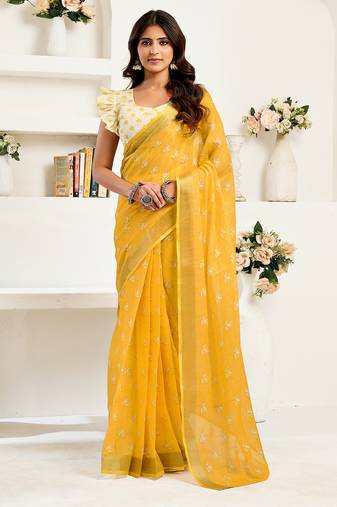 Yellow digital printed linen ready to wear designer saree with unstitched blouse