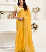 Yellow digital printed linen ready to wear designer saree with unstitched blouse
