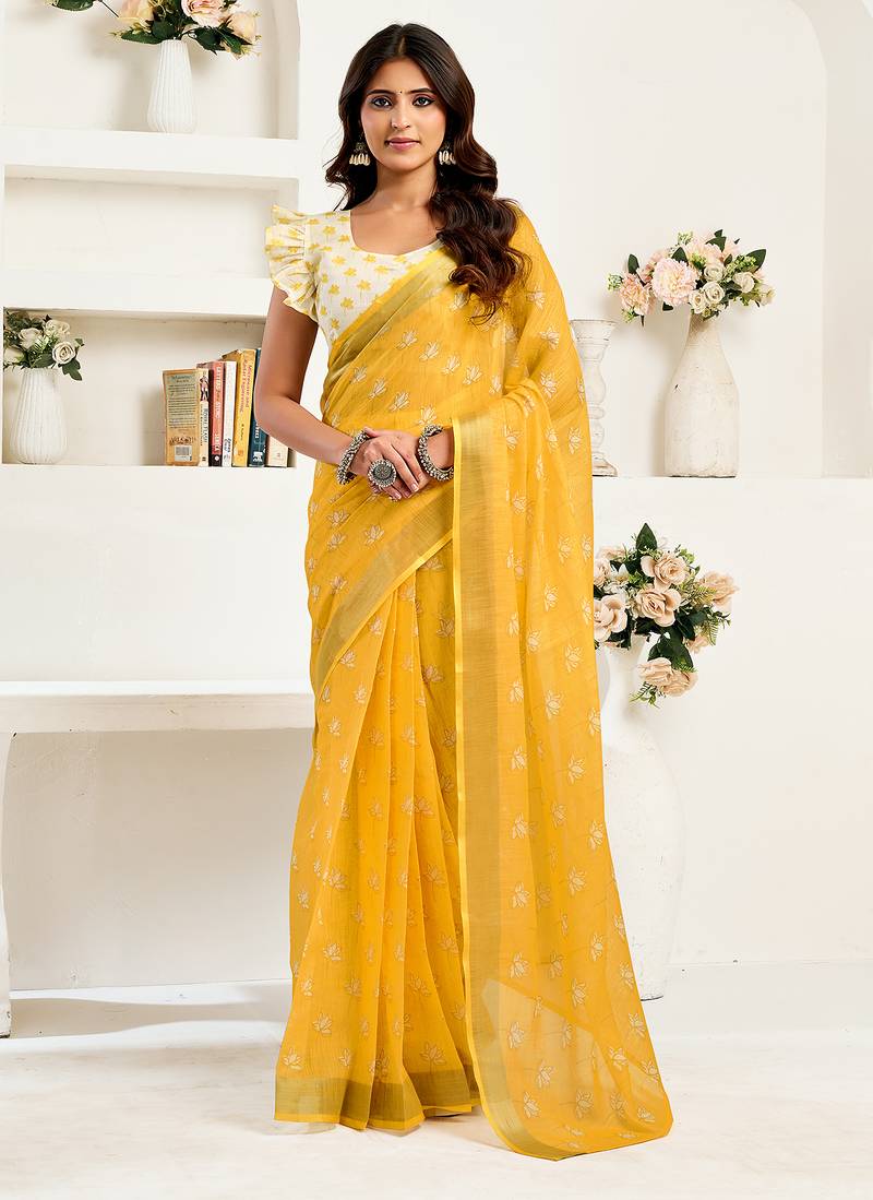 Yellow digital printed linen ready to wear designer saree with unstitched blouse